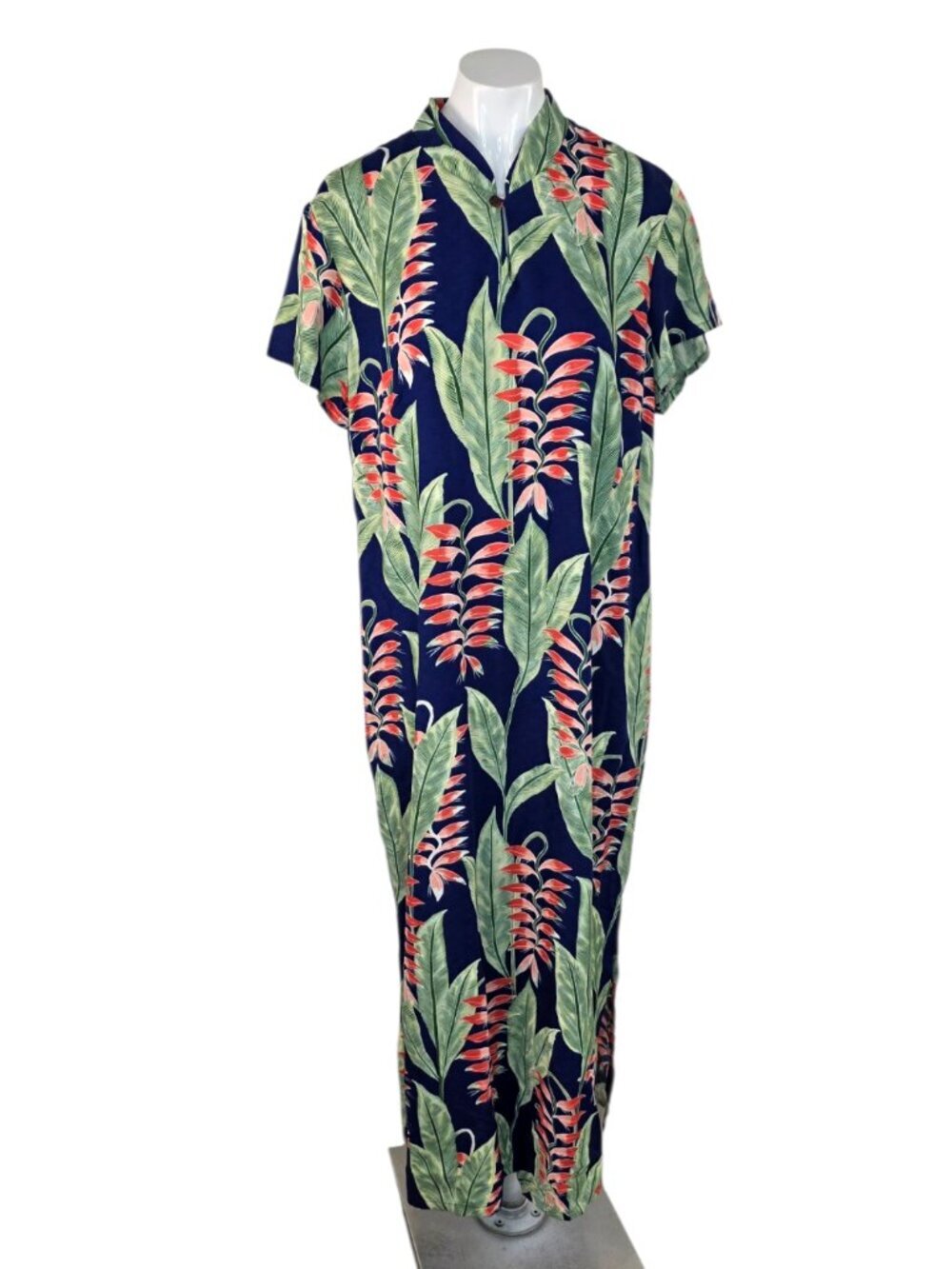 Hilo Hattie Hawaiian Maxi Dress, Short Sleeve, Leaf Floral Print, Resortwear, L